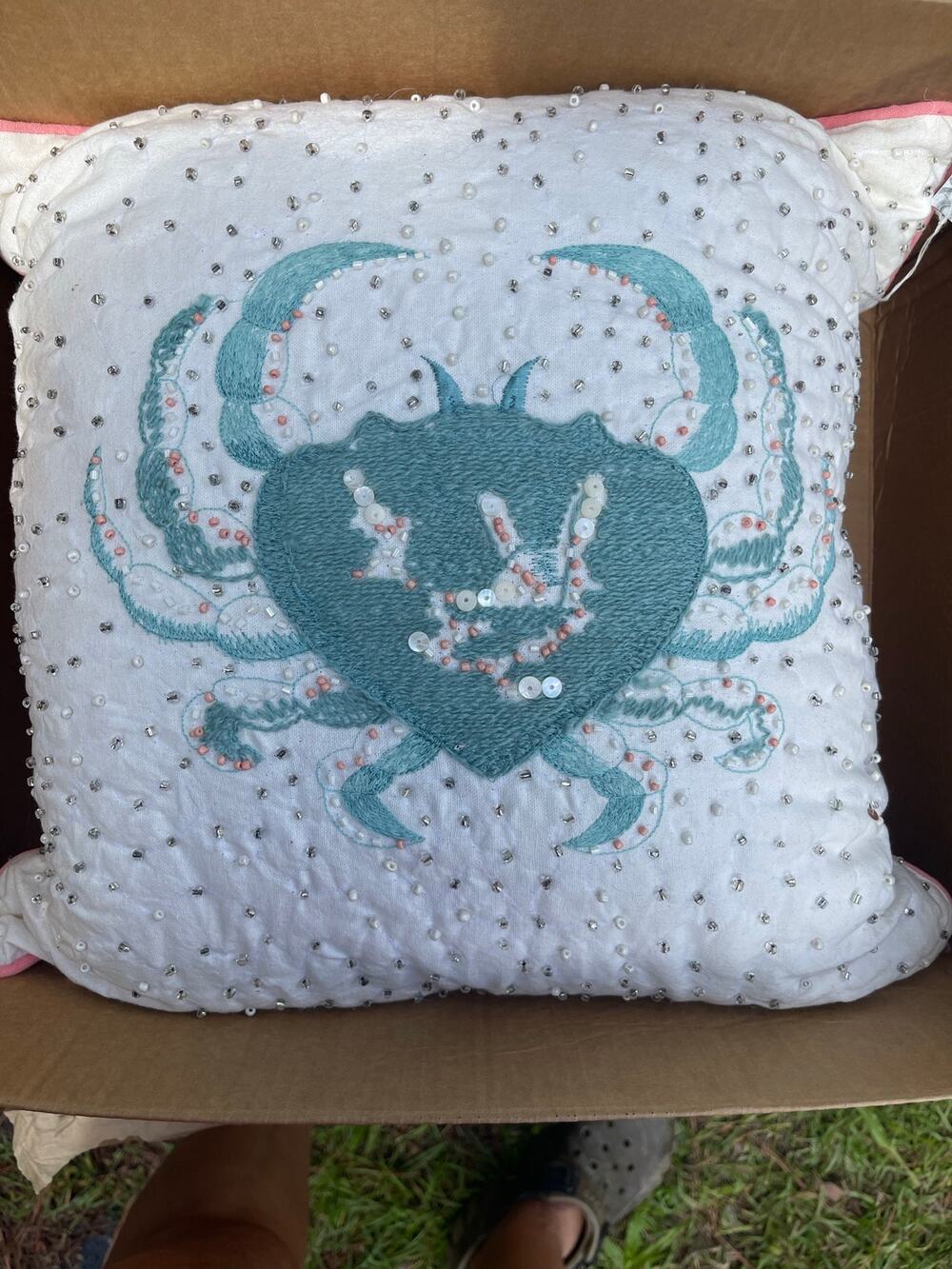 Coastal Collection Nautical Beach Beaded Crab Pillow 12x12 Teal